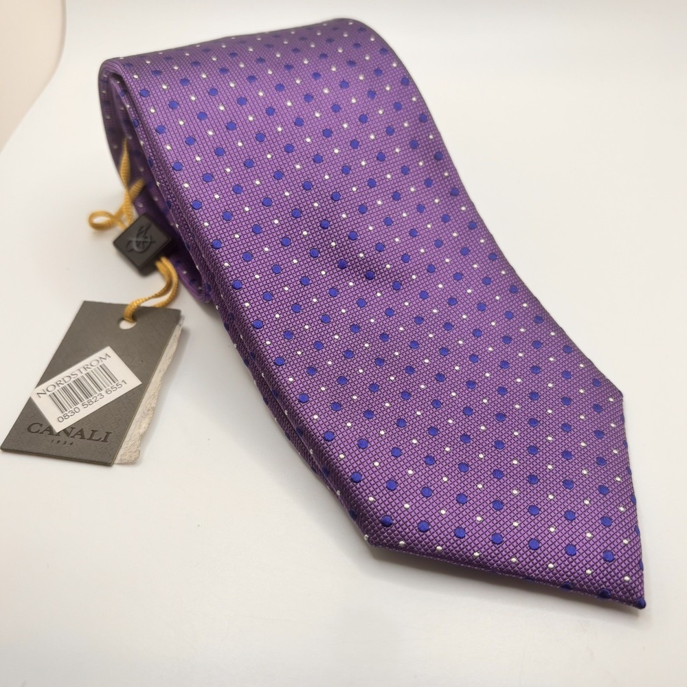 Canali Tie Mens Purple Polka Dot Silk Jacquard Made Italy Necktie NEW Luxury